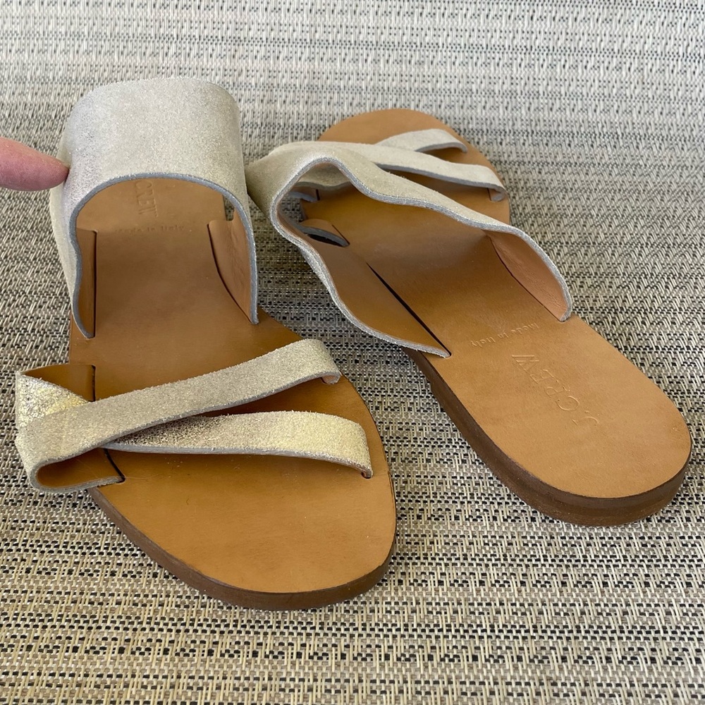 J Crew Metallic Gold Bali Gold Shimmer Leather Slides Flats Sandals Size 9